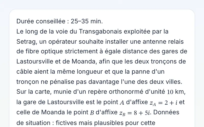 Aperçu de l'exemple : Nombres complexes : une antenne à égale distance de Lastoursville et de Moanda